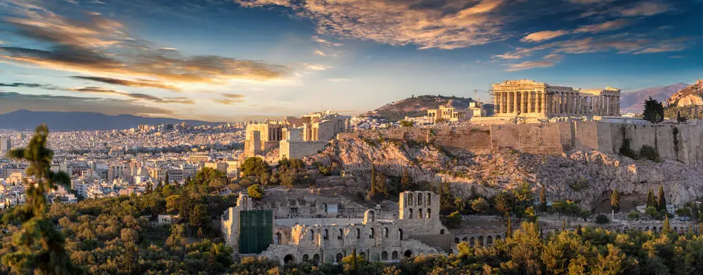 Panoroma of the Acropolis and Pantheon in Athens at sunset