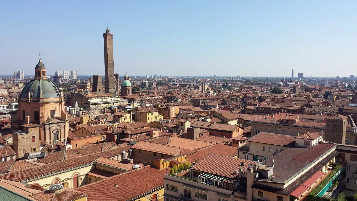 terracotta rooftops and cityscape of bologna italy