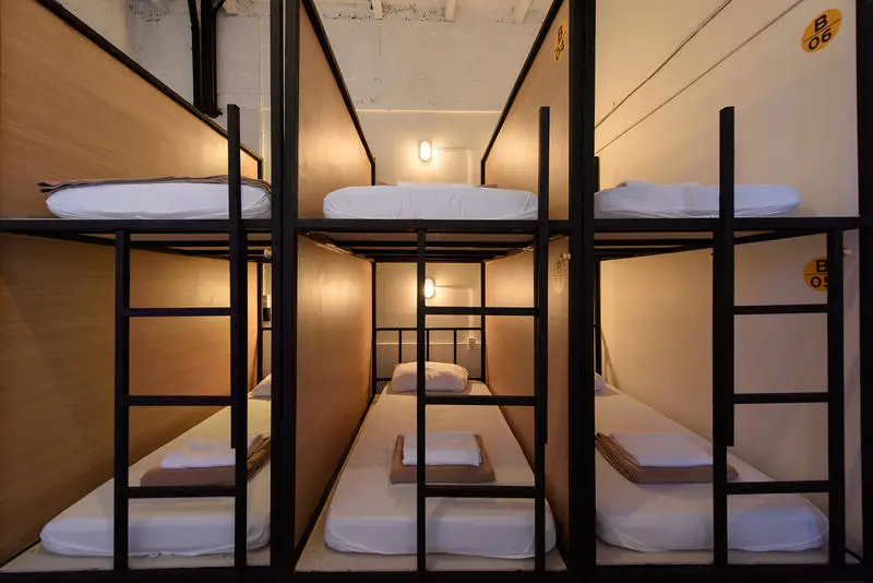 A cheap hostel with cramped sleeping quarters