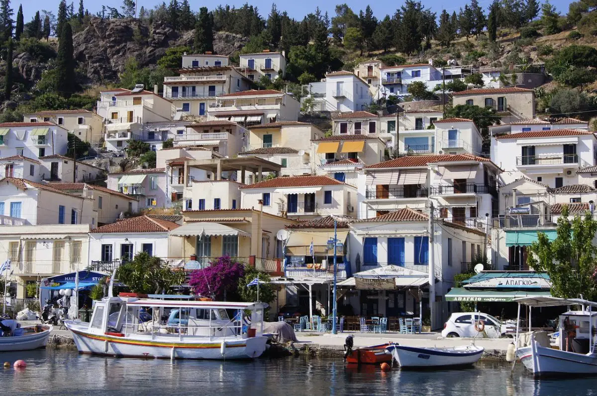 Hill of houses on the waterfront in a town on Paros, Greek Islands