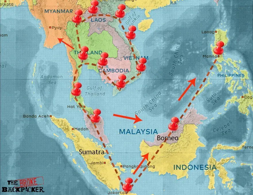 Map of Southeast Asia 6-month backpacking itinerary